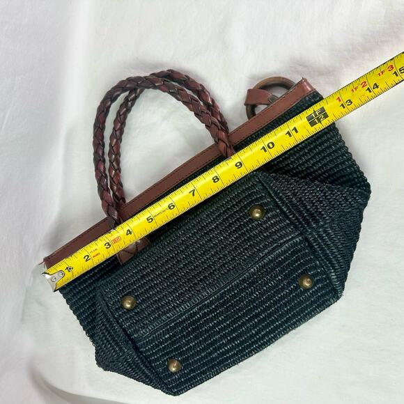 Dillard's VTG Black Fiber & Brown Genuine Leather Trim Hand Bag Tote Purse Italy - Picture 9 of 10